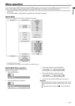 Page 17EN-17
ENGLISH
Menu operation
As one of the two types of MENU display, following QUICK MENU appears on the screen when pressing MENU button on the remote control. In 
addition, DETAIL MENU (See page 19) appears when selecting DETAIL MENU in this MENU and pressing ENTER button.
 Comparing QUICK MENU with DETAIL MENU, if the contents in those two menus are same each other, the functions in those two menus are 
same as well.
 To close QUICK MENU or DETAIL MENU, press MENU button when MENU is displayed.
QUICK...