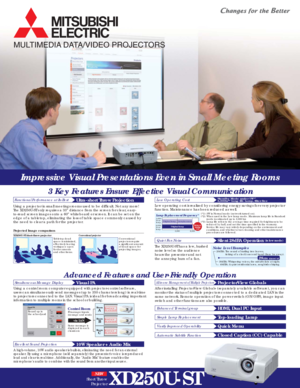 Page 13 Key Features Ensure Effective Visual Communication
After installing ProjectorView Global+ (separately available software), you can
monitor the status of multiple projectors connected to a dedicated LAN in the
same network. Remote operation of the power switch (ON/OFF), image input
switch and other functions are also possible. Low operating cost is realized by considering energy savings for every projector
function. Maintenance has been reduced as well. 
A high-volume, 10W audio speaker is built-in,...