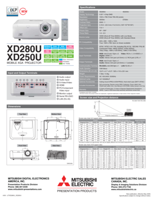 Page 2XD280U
XD250U
Screen size and Projection distance
As seen from the side
XD280U
XD250UHeight
Hd
Projection Distance (
L)
XD280U
0.55 1-Chip DMD
1024 x 768 (Total 786,432 pixels) 
3000lm
2000 : 1 
f=18.4 ~22.0 mm, F=2.5-2.8, (130”-157”@100) 
40 - 300 7.9:-1
1.6 - 2.0  Model
Display Technology
Resolution
Brightness
Contrast Ratio
Projection lens
Offset axis
Picture Size
Throw Ratio
Specifications
*Compliance with ISO21118-2005
**All brand names and product names are trademarks, registered trademarks or...