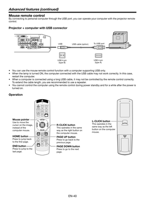 Page 40EN-40
Mouse remote control
By connecting to personal computer through the USB port, you can operate your computer with the projector remote 
control. 
Projector + computer with USB connector
USB cable (option)
USB 4-pin (type B) USB 4-pin
(type A)
To USB port
USB
•	 You	can	use the mouse remote control function with a computer supporting USB only. 
•	 When	the	lamp	is	turned	ON,	the	computer	connected	with	the	USB	cable	may	not	work	correctly.	In	this	case,	
restart the computer.
•	 When	a	computer	is...