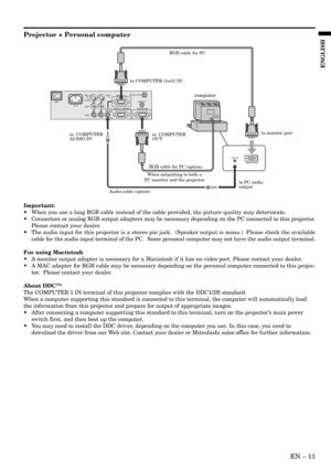 Page 11EN – 11
ENGLISH
COMPUTER OUTCOMPUTER 2 / COMPONENT IN
COMPUTER 1 IN
COMPUTER
AUDIO IN
VIDEO 1 
INVIDEO 2 
IN
S-VIDEO
VIDEO
AUDIO
AC INAUDIO OUTMAIN
MOUSE /RS-232C
AUDIO OUT
MONITOR OUTPUT
to COMPUTER (1or2) IN
to  COMPUTER 
AUDIO INto monitor port
to  COMPUTER 
OUT
to PC audio
output
Audio cable (option)
When outputting to both a 
PC monitor and the projector.RGB cable for PC
RGB cable for PC (option)
computer
Projector + Personal computer
Important:
•When you use a long RGB cable instead of the cable...