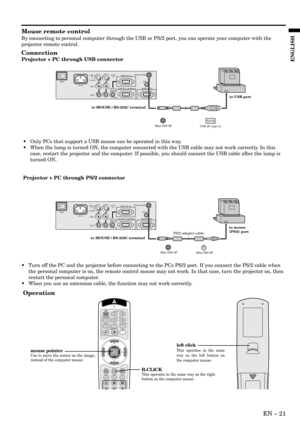 Page 21EN – 21
ENGLISH
Mouse remote control
By connecting to personal computer through the USB or PS/2 port, you can operate your computer with the
projector remote control.
Connection
Projector + PC through USB connector
Operation
COMPUTER
VIDEO
KEYSTONE
EXPAND
VOLUME
LASER P in P AUTO POSITION
MENUR-CLICKENTER
MUTESTILL16 : 9
12
12
R-CLICKThis operates in the same way as the right 
button on the computer mouse. 
mouse pointerUse to move the cursor on the image, 
instead of the computer mouse.
left clickThis...