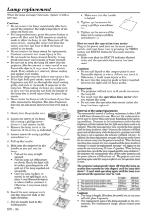 Page 24EN – 24
When the lamp no longer functions, replace it with a
new one.
Caution:
•Do not remove the lamp immediately after turn-
ing off the projector, the high temperature of the
lamp can burn you.
•For lamp replacement, press the power button to
power off, then wait for 120 seconds in stand-by
mode to allow the lamp to cool. Then turn off  the
main switch,  unplug the power cord from the
outlet, and wait one hour so that the lamp is
cooled to the touch.
•Do not remove the lamp except for replacement....