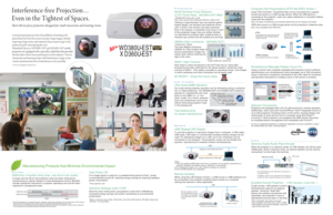Page 2Interference-free Projection…
Even in the Tightest of Spaces.
Short-throw-focus projectors designed for small classrooms and meeting rooms
A high-volume, 10W speaker is built-in, 
eliminating the need for an external 
speaker. Using the “Audio Mix*” 
feature and wireless microphone sold 
separately, the presenter’s voice is 
reproduced loud and clear in real time. 
Simultaneous Message Display (
Visual PA)
Using a control room computer equipped with projector-control software, 
administrators can...