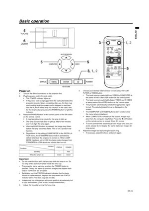 Page 13EN-13
ENGLISH
Basic operation
Power-on 1. Turn on the device connected to the projector first. 
2. Plug the power cord in the wall outlet. 
 The POWER indicator lights up. 
 If the power cord is unplugged from the wall outlet before the 
projector is cooled down completely after use, the fans may 
start rotating when the power cord is plugged in next time 
and the POWER button may not function. In this case, wait 
for the fans to stop and press the POWER button to light the 
indicator. 
3. Press the...