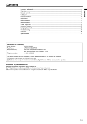 Page 3EN-3
ENGLISH
Contents
Important safeguards................................................................................................................................ 4
Overview ................................................................................................................................................... 6
Remote control ......................................................................................................................................... 8
Installation...