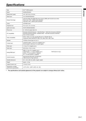 Page 27EN-27
ENGLISH
Specifications
 The specifications and outside appearance of the projector are subject to change without prior notice. 
Ty p e D L P ™  D ATA  p r o j e c t o r  
Model XD430U/SD430U
Rated power supply 100 - 240 V AC, 50 / 60 Hz 
Rated input 2.9 A (XD430U/SD430U) 
Display Technology0.55-inch Single chip Digital Micromirror Device (DMD) with R,G,B,W color wheel 
Pixels 1024 x 768 = 786432 pixels (XD430U) 
Pixels 800 x 600 = 480000 pixels (SD430U)
Colors 16770000 colors
Projection lens F...