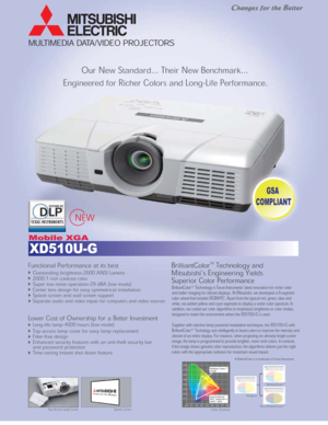 Page 1MULTIMEDIA DATA/VIDEO PROJECTORS
Our New Standard... Their New Benchmark...
Engineered for Richer Colors and Long-Life Performance.
NEW
BrilliantColorTM Technology and
Mitsubishis Engineering Yields
Superior Color Performance 
Original
BrilliantColorTM
Functional Performance at its best
 Outstanding brightness-2600 ANSI Lumens
 2000:1 rich contrast ratio
 Super low noise operation-29 dBA (low mode)
 Center lens design for easy symmetrical installation
 Splash screen and wall screen support 
 Separate...