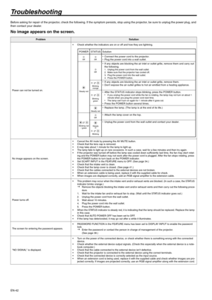 Page 42EN-42
Troubleshooting
Before asking for repair of the projector, check the following. If the symptom persists, stop using the projector, be sure to unplug the power plug, and 
then contact your dealer.
No image appears on the screen.
 
ProblemSolution
Power can not be turned on. Check whether the indicators are on or off and how they are lightning. 
No image appears on the screen. Cancel the AV mute by pressing the AV MUTE button.
 Check that the lens cap is removed.
 It may take about 1 minute for the...