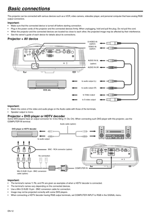 Page 12EN-12
Basic connections
This projector can be connected with various devices such as a VCR, video camera, videodisc player, and personal computer that have analog RGB 
output connectors. 
Important:  Make sure that the connected device is turned off before starting connection. 
 Plug in the power cords of the projector and the connected devices firmly. When unplugging, hold and pull the plug. Do not pull the cord. 
 When the projector and the connected devices are located too close to each other, the...