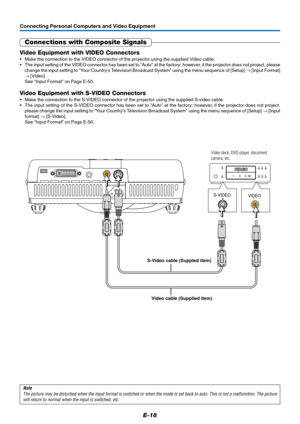 Page 19E-18
Connecting Personal Computers and Video Equipment
S-VIDEO
VIDEO
Connections with Composite Signals
Video Equipment with VIDEO Connectors
•Make the connection to the VIDEO connector of the projector using the supplied Video cable.
•The input setting of the VIDEO connector has been set to “Auto” at the factory; however, if the projector does not project, please
change the input setting to “Your Country’s Television Broadcast System” using the menu sequence of [Setup] → [Input Format]
→ [Video].
See...