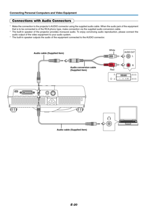 Page 21E-20
Connecting Personal Computers and Video Equipment
Connections with Audio Connectors
* Make the connection to the projector’s AUDIO connector using the supplied audio cable. When the audio jack of the equipment
that is to be connected is of the RCA phono type, make connection via the supplied audio conversion cable.
* The built-in speaker of the projector provides monaural audio. To enjoy convincing audio reproduction, please connect the
audio output of the video equipment to your audio system.
* The...