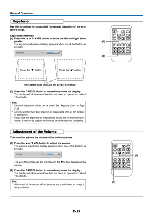 Page 30E-29
Keystone
Use this to adjust for trapezoidal (keystone) distortion of the pro-
jected image.
Adjustment Method
(1) Press the  or  KSTN button to make the left and right sides
parallel.
The keystone adjustment display appears when one of the buttons is
pressed.
(2) Press the CANCEL button to immediately close the display.
The display will close when there has not been an operation in about
10 seconds.
Note:
* Keystone adjustment values can be saved. See “Keystone Save” on Page
E-48.
* Screen...