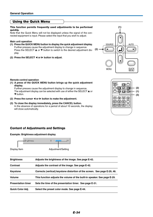 Page 35E-34
General Operation
Using the Quick Menu
This function permits frequently used adjustments to be performed
quickly.
Note that the Quick Menu will not be displayed unless the signal of the con-
nected equipment is input. Please select the input that you wish to adjust.
Main unit operation
(1) Press the QUICK MENU button to display the quick adjustment display.
Further presses cause the adjustment display to change in sequence.
Press the SELECT  or  button to switch to the desired adjustment dis-...