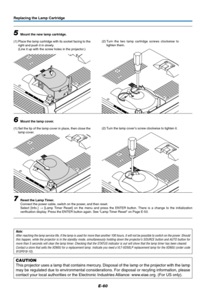 Page 61E-60
Replacing the Lamp Cartridge
5Mount the new lamp cartridge.
(1) Place the lamp cartridge with its socket facing to the
right and push it in slowly.
(Line it up with the screw holes in the projector.)
6Mount the lamp cover.
(1) Set the tip of the lamp cover in place, then close the
lamp cover.
7Reset the Lamp Timer.
Connect the power cable, switch on the power, and then reset.
Select [Info.] → [Lamp Timer Reset] on the menu and press the ENTER button. There is a change to the initialization...