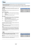 Page 48E-47
View
•Perform this operation while projecting the picture for which the adjustment/setting will be made.
•Select the menu name “View”.
See “Menu Operation Method” on Page E-35 for information about performing menu operations. The item name display will
differ depending on the input signal. See “List of Item Names Offering Input Selection and Adjustments/Settings” on Page E-40.
Aspect
This function sets the horizontal and vertical picture proportions of the
input signal.
Select the item name “Aspect”...