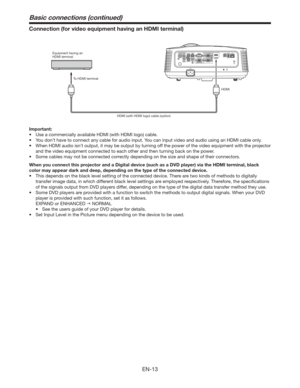 Page 13EN-13
Basic connections (continued)
Connection (for video equipment having an HDMI terminal)
Equipment having an
HDMI terminal
To HDMI terminal
HDMI
HDMI (with HDMI logo) cable (option) 
Important: 
t 6TFBDPNNFSDJBMMZBWBJMBCMF)%.*	XJUI)%.*MPHP
DBCMF
t :PVEPOUIBWFUPDPOOFDUBOZDBCMFGPSBVEJPJOQVU:PVDBOJOQVUWJEFPBOEBVEJPVTJOHBO)%.*DBCMFPOMZ
t 8IFO)%.*BVEJPJTOUPVUQVU
JUNBZCFPVUQVUCZUVSOJOHPGGUIFQPXFSPGUIFWJEFPFRVJQNFOUXJUIUIFQSPKFDUPS
and the video...