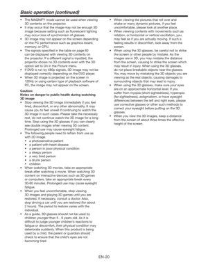 Page 20&/
Basic operation (continued)
t 5IF.(/*:NPEFDBOOPUCFVTFEXIFOWJFXJOH
3D contents on the projector.
t *UNBZPDDVSUIBUUIFJNBHFNBZOPUCFFOPVHI%
image because setting such as ﬂuorescent lighting 
may occur loss of synchronism of glasses.
t %JNBHFNBZOPUBQQFBSPOUIFTDSFFOEFQFOEJOH
on the PC performance such as graphics board, 
memory, or CPU.
t 5IFTJHOBMTTQFDJmFEJOUIFUBCMFPOQBHF
can be displayed with viewing 3D contents on 
the projector. If a different signal is...