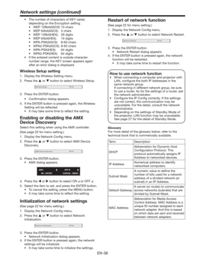 Page 38EN-38
t 5IFOVNCFSPGDIBSBDUFSTPG,&:WBSJFT
depending on the Encryption setting. 
t 8&1CJU	4$**
DIBST
t 8&1CJU	4$**
 DIBST
t 8&1CJU	)&9
 EJHJUT
t 8&1CJU	)&9
 EJHJUT
t 8114,	4$**
 DIBST
t 8114,	4$**
 DIBST
t 8114,	)&9
 EJHJUT
t 8114,	)&9
 EJHJUT
t *GUIFFOUFSFEDPOUFOUJTPVUTJEFDIBSBDUFS
number range, the KEY screen appears again 
after an error dialog is displayed.
Wireless Setup setting
1.  Display the Wireless Setting...