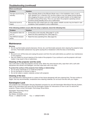 Page 56EN-56
Troubleshooting (continued)
Others (continued)
Problem Solution
The fans sound during 
standby.t 8IFO4UBOECZ.PEFPGUIF&GmDJFOU.PEFNFOVJOUIF*OTUBMMBUJPONFOVJTTFUUP
LAN, Speaker Out, or Monitor Out, the fans rotate at very low speed during standby 
after plugging the power cord (with 5 second high speed rotation at the beginning) 
and after turning off the lamp. This is to cool down the projector operating various 
functions during standby and is not a malfunction.
Abnormal sound is...