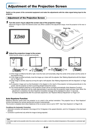 Page 23E-22
Adjustment of the Projection Screen
Switch on the power of the connected equipment and make the adjustments with the video signal being input to the
projector.
2Adjust the projection image to the screen.
Check that the screen is set level and vertically.
Adjustment of the Projection Screen
Turn the zoom ring to adjust the screen size of the projection image.Adjust the image to match the desired screen size. When outside of the adjustment range, move the projector to the rear or
forward.
ECL
O
Z...