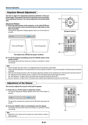 Page 28E-27
The dotted lines indicate the proper condition
Keystone Manual Adjustment
Use this to adjust for trapezoidal (keystone) distortion of the pro-
jected image. The projector has both an automatic and a manual key-
stone adjustment function. The manual adjustment will be described
here.
Adjustment Method
(1) Press the () buttons of the projector, or the () KSTN but-
tons of the remote control and set the left and right sides so that
they are parallel.
The keystone adjustment display appears when one...