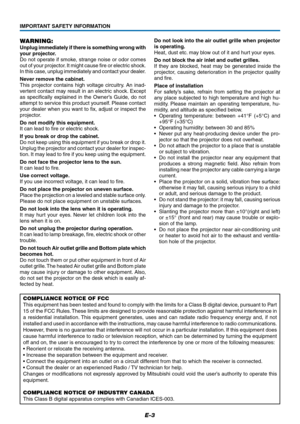 Page 4E-3
IMPORTANT SAFETY INFORMATION
COMPLIANCE NOTICE OF FCC
This equipment has been tested and found to comply with the limits for a Class B digital device, pursuant to Part
15 of the FCC Rules. These limits are designed to provide reasonable protection against harmful interference in
a residential installation. This equipment generates, uses and can radiate radio frequency energy and, if not
installed and used in accordance with the instructions, may cause harmful interference to radio communications....