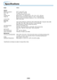 Page 61E-60
Specifications
ModelXD80U
Optical
Method of projection : DLP™ (single DLP™ chip)
DLP™ chip 0.7 inches 1024768 dots
Lamp 130 W high pressure mercury lamp
Projection lens : Manual zoom (1.2), Manual focus F = 2.6 – 2.9, f = 27.5 – 33.0 mm
Image size Minimum 26 inch (at projection distance of 1.20 m / 3.9 feet telephoto)
Maximum 300 inch (at projection distance of 11.81 m / 38.76 feet wide)
Contrast Ratio 2000:1 (Full on/off)
Electrical
Inputs Video (NTSC3.58/NTSC4.43/PAL/PAL-N/PAL-M/PAL60/SECAM),...