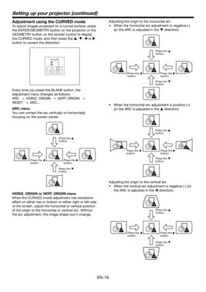 Page 16EN-16
Setting up your projector (continued)
Adjustment using the CURVED mode
To adjust images projected on a curved surface, press 
the ENTER/GEOMETRY button on the projector or the 
GEOMETRY button on the remote control to display 
the CURVED mode, and then press the , ,  or  
button to correct the distortion.
CURVED
ARC
SELECT : BLANK
:     0
:     0
Every time you press the BLANK button, the 
adjustment menu changes as follows: 
ARC 
   HORIZ. ORIGIN    VERT. ORIGIN    
RESET 
   ARC...
ARC...