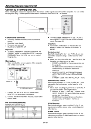 Page 61EN-61
Control by a control panel, etc.
When installing the projector in a place where the remote control signals cannot reach the projector, you can control 
the projector using a control panel or other device connected to the REMOTE 1 IN terminal. 
ONPOWER
COMPUTER1
OFF
ONBLANK
OFF
Remote controlExternal contact 
control
COMPUTER2
VIDEOS-VIDEO
DVI
Projector
Control panel
Controllable functions
•  Switching between remote control and external 
control
•  Switching input signals
•  Power-on and power-off...