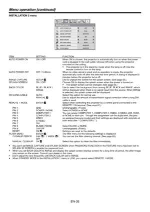 Page 35EN-35
INSTALLATION 2 menu
REMOTE 1 MODE
FILTER MENU
INSTALLATION 2
AUTO POWER ON
AUTO POWER OFFOFF
ON
BLUE
AUTO
5min
IMAGE CAPTURE
SPLASH SCREEN
DVI LONG CABLE
BACK COLOR
1 12 2opt.
ON
ENTER
ENTER
SETUP
ITEM SETTING FUNCTION
AUTO POWER ON ON / OFF When ON is chosen, the projector is automatically turn on when the power 
cord is plugged in the wall outlet. Choose ON when using the projector 
mounted on the ceiling.
•  The projector is in the stand-by mode when the lamp is off. Use the 
remote control to...