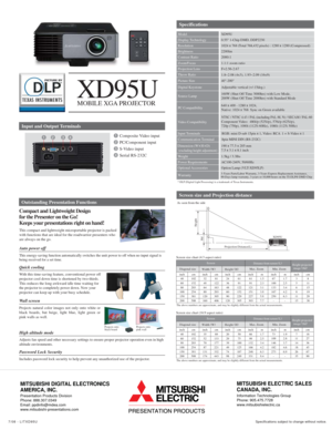Page 2Screen size and Projection distance
Specifications
Input and Output Terminals
Outstanding Presentation Functions
PC Compatibility640 x 400 - 1280 x 1024,
Native: 1024 x 768  Sync on Green available
NTSC / NTSC 4.43 / PAL (including PAL-M, N) / SECAM / PAL-60Component Video:  480i/p (525i/p), 576i/p (625i/p),
720p (750p), 1080i (1125i 60Hz), 1080i (1125i 50Hz)     Video Compatibility160W (Shut Off Time 3000hrs) with Low Mode,
200W (Shut Off Time 2000hrs) with Standard Mode   XD95U
0.55 1-Chip DMD,...