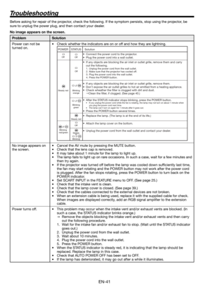 Page 41EN-41
Troubleshooting
Before asking for repair of the projector, check the following. If the symptom persists, stop using the projector, be 
sure to unplug the power plug, and then contact your dealer. 
No image appears on the screen. 
Problem Solution
Power can not be 
turned on.•  Check whether the indicators are on or off and how they are lightning.
 
POWER 
O f f 
Steady  r ed 
Blinking  
red/green 
S TA  TUS 
O f f 
O f f 
Blinking  
orange 
Blinking  
g r een 
Steady  r ed 
O f f 
Steady 
or...