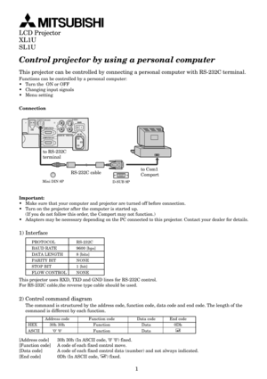 Page 301
Control projector by using a personal computer
1) Interface
This projector can be controlled by connecting a personal computer with RS-232C terminal.
Functions can be controlled by a personal computer:
• Turn the  ON or OFF
• Changing input signals
• Menu setting
Connection
to Com1
Comport to RS-232C
terminal
RS-232C cable
D-SUB 9P Mini DIN 8P
USBLS-VIDEO
VIDEO
AUDIO IN VIDEO IN
MAIN
AC IN
R COMPUTER INRS-232C
COMPUTER OUT
Important:
•Make sure that your computer and projector are turned off before...