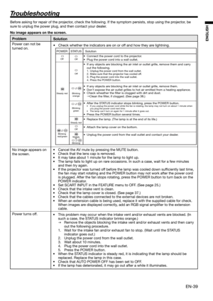 Page 39EN-39
ENGLISH
POWER
Off
Steady red
Blinking 
red/green
STATUS
Off
Off
Blinking 
orange
Blinking 
green
Steady red
Off
Steady
or
Blinking
  Solution
•  Connect the power cord to the projector. 
•  Plug the power cord into a wall outlet. 
•  If any objects are blocking the air inlet or outlet grille, remove them and carry 
out the following.
1.  Unplug the power cord from the wall outlet.
2.  Make sure that the projector has cooled off. 
3.  Plug the power cord into the wall outlet.
4.  Press the POWER...