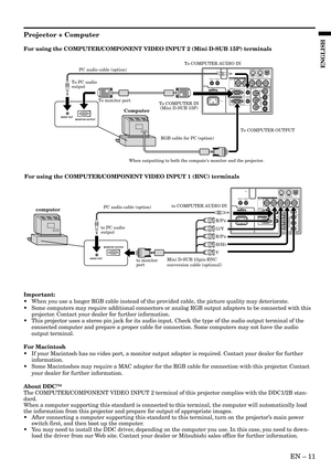 Page 11EN – 11
ENGLISH
For using the COMPUTER/COMPONENT VIDEO INPUT 2 (Mini D-SUB 15P) terminals
REMOTE
INREMOTE
OUTINPUT 1
INPUT 2R/PRB/PBG/Y H/HVV
AUDIO
IN
AUDIO
OUTY
CRS-232C RS-232C/MOUSEUSB
S-VIDEO
VIDEO
2
VIDEO
1
L
AUDIO
R MAIN
AC INTo COMPUTER IN
 (Mini D-SUB 15P)
To COMPUTER OUTPUT
When outputting to both the computes monitor and the projector. PC audio cable (option)
RGB cable for PC (option)
Computer
To COMPUTER AUDIO IN
To PC audio 
output
AUDIO OUT
MONITOR OUTPUT
To monitor port
For using the...