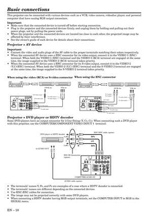 Page 10EN – 10
Basic connections
This projector can be connected with various devices such as a VCR, video camera, videodisc player, and personal
computer that have analog RGB output connectors.
Important:
•Make sure that the connected device is turned off before starting connection.
•Plug in the projector and the connected devices firmly, and unplug them by holding and pulling out their
power plugs, not by pulling the power cords.
•When the projector and the connected devices are located too close to each...