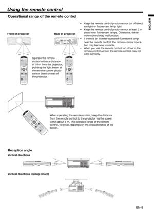 Page 9EN-9
ENGLISH
Using the remote control
30° 30°30° 30°
20°
10°20°
10°
20°20°20°20°
Operational range of the remote control
•  Keep the remote control photo-sensor out of direct 
sunlight or ﬂ uorescent lamp light.
•  Keep the remote control photo-sensor at least 2 m
  away from ﬂ uorescent lamps. Otherwise, the re-
mote control may malfunction.
•  If there is an inverter-operated ﬂ uorescent lamp 
near the remote control, the remote control opera-
tion may become unstable.
•  When you use the remote...