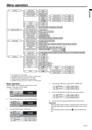 Page 15EN-15
ENGLISH
Menu operation
Basic operationSeveral settings can be adjusted using the menu. OFF.
Example : Auto power off time setting
1. Press the MENU button.
2. Press the W or X button to select INSTALLATION. 
3. Press the ENTER button (or T button).4. Press the S or T button to select AUTO POWER OFF.
5. Press the W or X button to adjust the auto power off time.
6. Exit the menu by pressing the MENU button several times.
Important:  When the button doesn’t function, unplug the power cord from the...