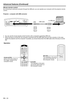 Page 24EN - 24
Advanced features (Continued)
Mouse remote control
By connecting to personal computer through the USB port, you can operate your computer with the projector remote 
control. 
Projector + computer with USB connector
Operation
•  You can use the mouse remote control function with a computer supporting USB only. 
•  When the lamp is turned ON, the computer connected with the USB cable may not work correctly. In this case, 
restart the projector and the computer. If possible, you should disconnect...