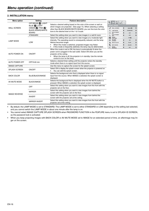 Page 18EN-18
Menu operation (continued)
2. INSTALLATION menu
 By default, the LAMP MODE is set to STANDARD. The LAMP MODE is set to either STANDARD or LOW depending on the setting last selected, 
and you cannot switch the LAMP MODE in about one minute after the lamp is on.
 You cannot select IMAGE CAPTURE SPLASH SCREEN when PASSWORD FUNCTION in the FEATURE menu is set to SPLASH ID SCREEN, 
as the password lock is activated.
 When you keep projecting images with BACK COLOR or AV MUTE MODE set to IMAGE for an...