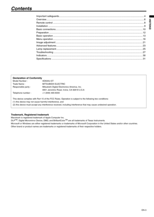 Page 3EN-3
ENGLISH
Contents
Important safeguards................................................................................................................................ 4
Overview ................................................................................................................................................... 6
Remote control ......................................................................................................................................... 8
Installation...