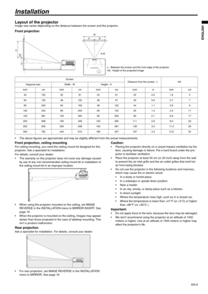 Page 9EN-9
ENGLISH
Installation
Layout of the projectorImage size varies depending on the distance between the screen and the projector.
Front projection
 The above figures are approximate and may be slightly different from the actual measurements.
Front projection, ceiling mountingFor ceiling mounting, you need the ceiling mount kit designed for this 
projector. Ask a specialist for installation.
For details, consult your dealer.

The warranty on this projector does not cover any damage caused 
by use of any...