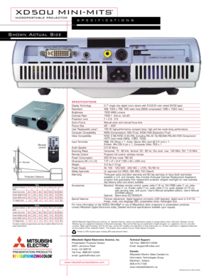 Page 2specifications
Display Technology 0.7 single chip digital micro device with R,G,B,W color wheel (W-52 ty\
pe)Resolution XGA 1024 x 768 , 500 video lines (SXGA compressed 1280 x 1024 max.) Brightness 1500 ANSI LumensContrast Ratio 1500:1  (full - on, full - off )Projection Lens F = 2.6 - 2.9Zoom/Focus Manual zoom and manual focus lensPicture Size 26 ~ 200User Replaceable Lamp* 150 W high-performance compact lamp; high and low mode lamp performanceComputer Compatibility SXGA (Compression), XGA (True),...