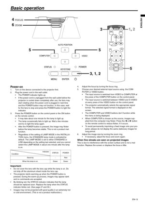 Page 13EN-13
ENGLISH
Basic operation
Power-on 1. Turn on the device connected to the projector first. 
2. Plug the power cord in the wall outlet. 
 The POWER indicator lights up. 
 If the power cord is unplugged from the wall outlet before the 
projector is cooled down completely after use, the fans may 
start rotating when the power cord is plugged in next time 
and the POWER button may not function. In this case, wait 
for the fans to stop and press the POWER button to light the 
indicator. 
3. Press the...