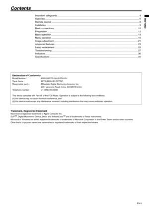 Page 3EN-3
ENGLISH
Contents
Important safeguards................................................................................................................................ 4
Overview ................................................................................................................................................... 6
Remote control ......................................................................................................................................... 8
Installation...