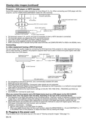 Page 18EN-18 Connecting 
to video equipment having a DVI-D terminal
You can project high-quality images by connecting the DVI-D terminal of this projector to video equipment having a 
DVI-D output terminal. In addition, this projector supports HDCP and is able to receive encrypted digital video data 
that are output from DVD players. 
•  For connection to the DVI-D terminal, use a commercially available DVI cable. 
•  Select DVI as the input source. 
•  Only RGB signals are supported. Component video signals...