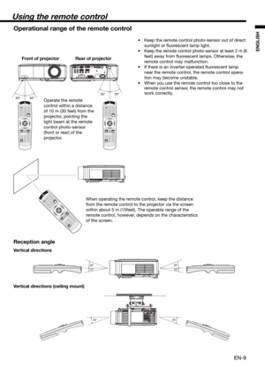 Page 9EN-9
ENGLISH
Using the remote control
30° 30°30° 30°
20°
10°20°
10°
20°
20°
Operational range of the remote control
•  Keep the remote control photo-sensor out of direct 
sunlight or ﬂ uorescent lamp light.
•  Keep the remote control photo-sensor at least 2 m (6 
feet) away from ﬂ uorescent lamps. Otherwise, the 
remote control may malfunction.
•  If there is an inverter-operated ﬂ uorescent lamp 
near the remote control, the remote control opera-
tion may become unstable.
•  When you use the remote...