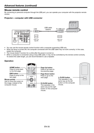 Page 35EN-35
Mouse remote control
By connecting to personal computer through the USB port, you can operate your computer with the projector remote 
control. 
Projector + computer with USB connector
Operation
•  You can use the mouse remote control function with a computer supporting USB only. 
•  When the lamp is turned ON, the computer connected with the USB cable may not work correctly. In this case, 
restart the computer.
•  The mouse doesn’t function for a while after the power is turned on. 
•  When a...