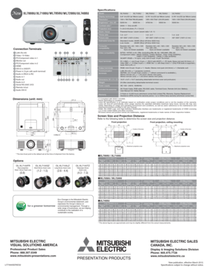 Page 1Dimensions (unit: mm)
Front projection, ceiling mounting Front projection
* The above figures are approximate and may be slightly different from the actual measurements.
Refer to the following table to determine the screen size and projection distance.Screen Size and Projection Distance
nXL7000U / XL7100U
Connection Terminals
1LAN (
RJ-45)2Video / S-Video3PC/Component video in-14Monitor out
10Audio in-1
7DVI-D in (
HDCP)8Power in (
3-pin with earth terminal)
11Audio out
5PC/Component video in-2
12Audio...